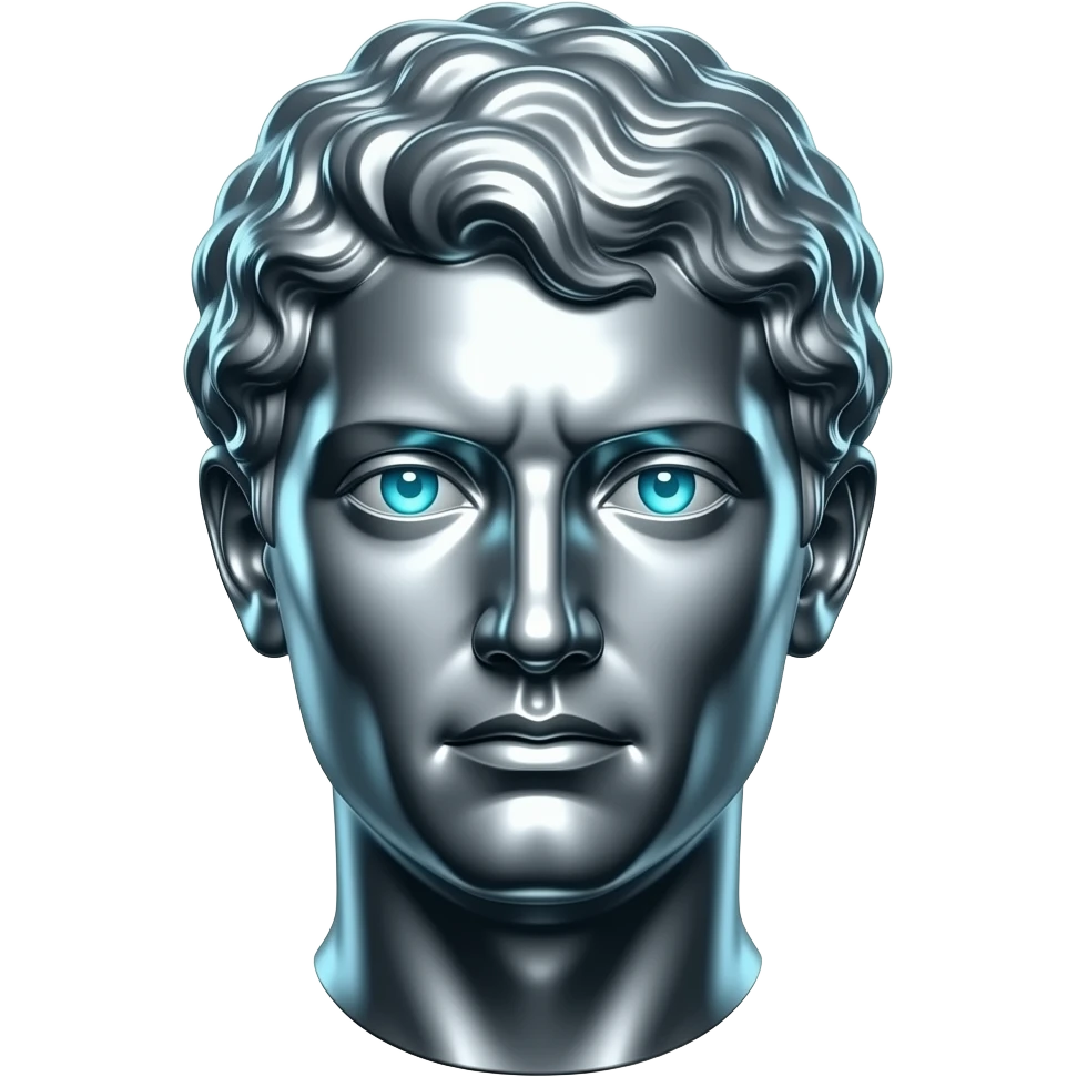 "A polished chrome stoic Greek statue head, front-facing, serious focused expression, glowing cyan (#00D4B1) eyes, dark background. Metallic reflections with subtle cyan light accents. Clean, no background, emoji style, high detail. The statue represents discipline, focus and self-mastery." emoji