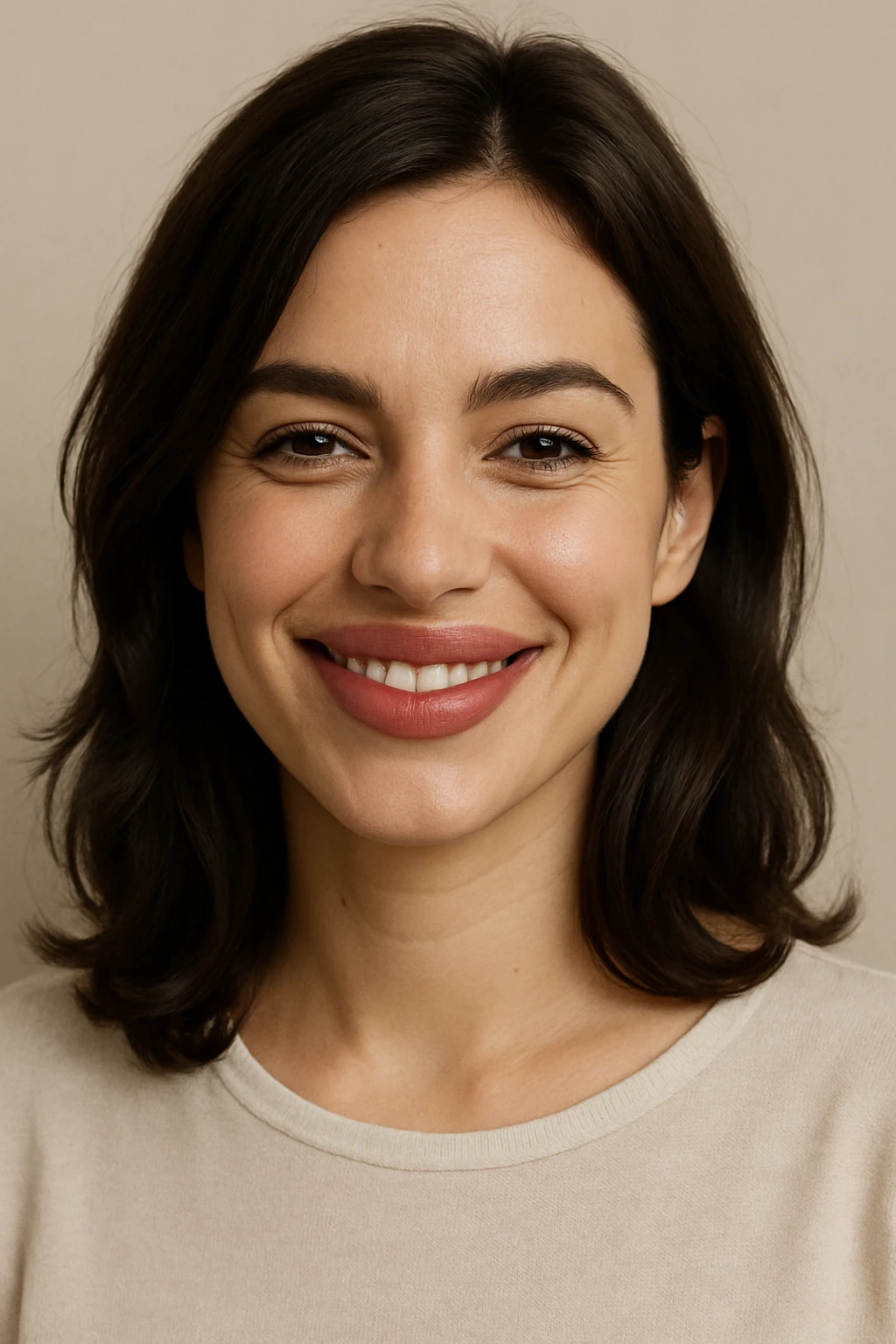 portrait of a brunette woman with puffy lips, smiling, minimal background emoji