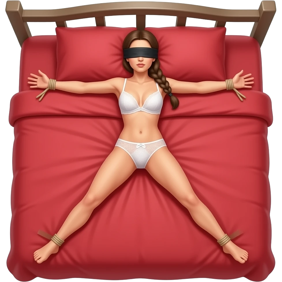 woman in blinfold, in lacy white bra and thong, braided ponytail, laying face down, arms and laegs tied apart, on red bed emoji