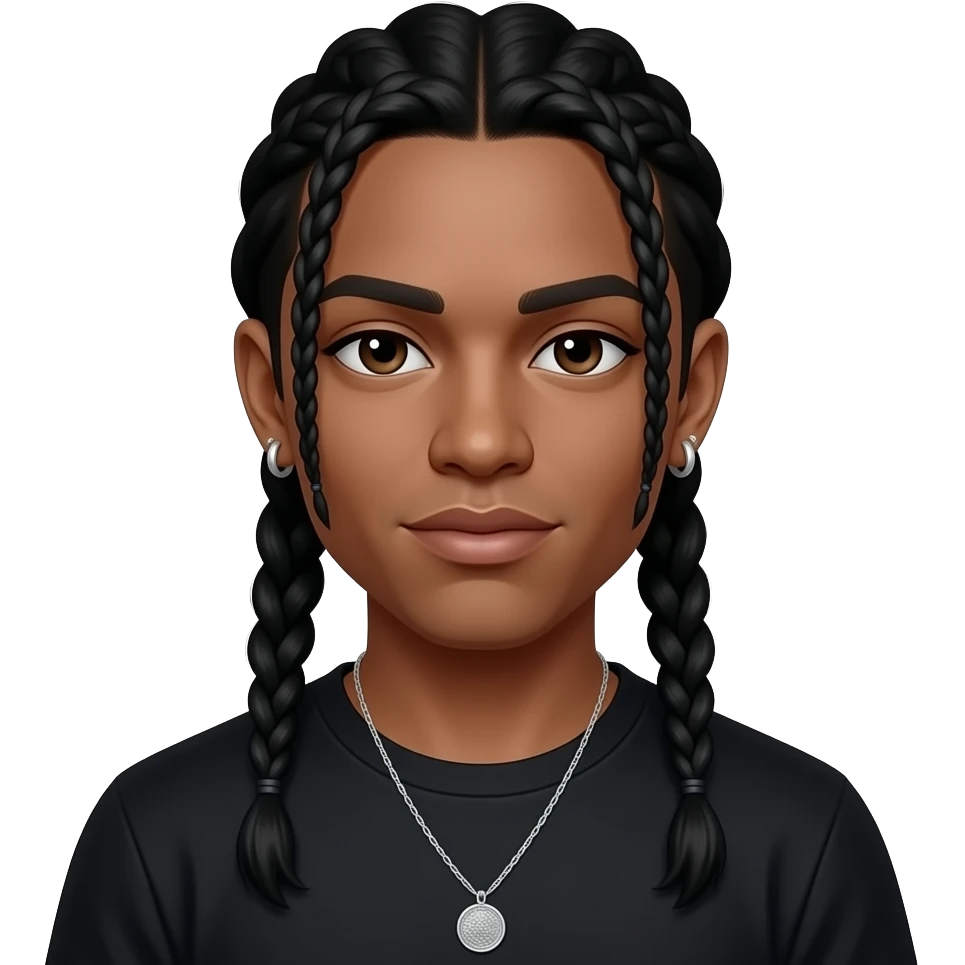 Ray Ray from Mindless Behavior with dark skin, dark brown eyes, long black two low braided hair, black t-shirt, necklace and earrings emoji