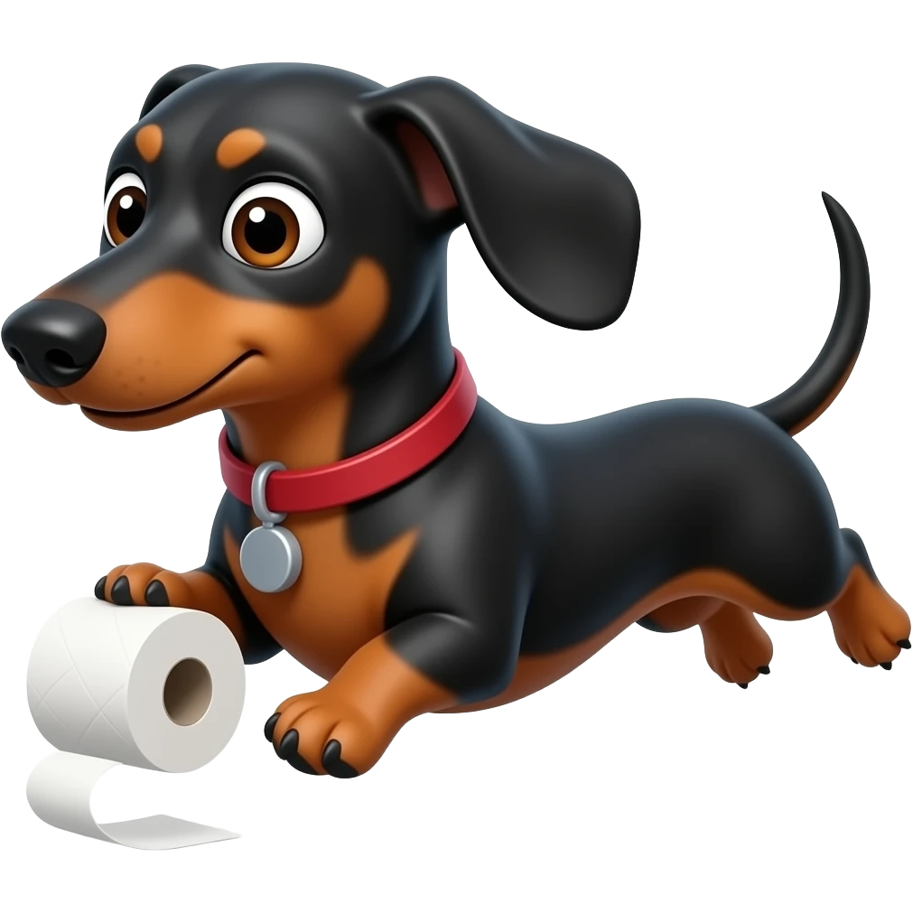 whimsical dachshund wide eyes full body chasing toilet paper emoji