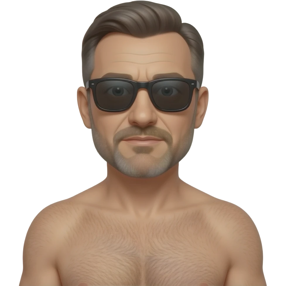 A guy, wearing sunglasses, 50 year old, full length, naked. emoji