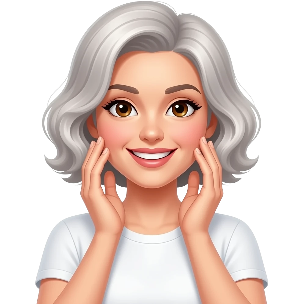 Style: 3D Memoji style, simple render, no outline, soft studio lighting, white background. Character: 60s elegant woman, wavy silver bob, brown eyes, white t-shirt. Skin: natural healthy glow, dewy interior glow. Style + Character + Skin + Action: smile, touching luminous cheeks with both hands. emoji
