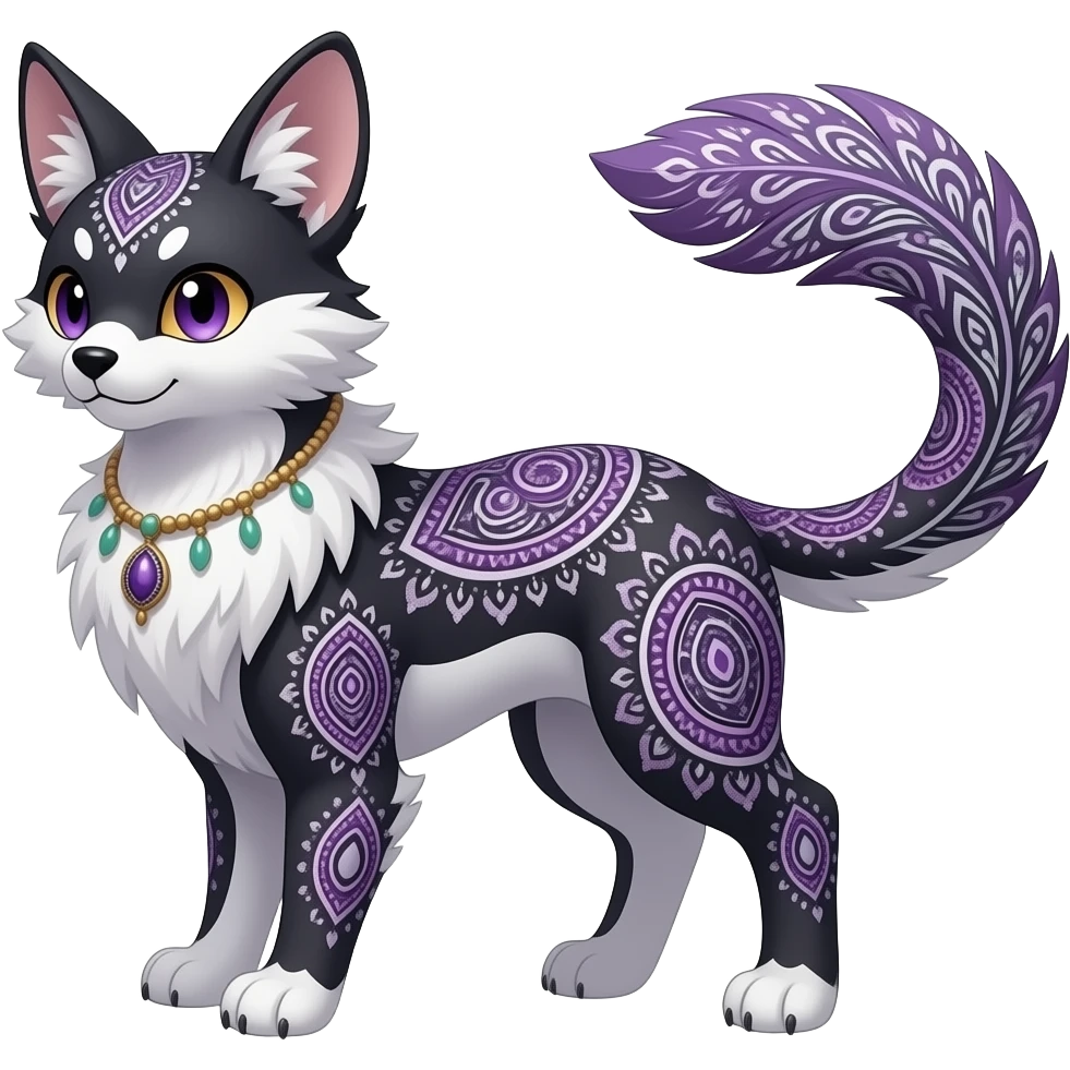 Paisley-patterned bohemian-patterned feathery elegant realistic Furry, feathery fluffy tropical flecked painted feathery scaly, Purple, white, black, Minccino-Bambino-Lykoi-Linoone-Zangoose-fusion-hybrid-animal-Fakémon-creature, full body, thin long sleek scaly tail, intricate markings emoji