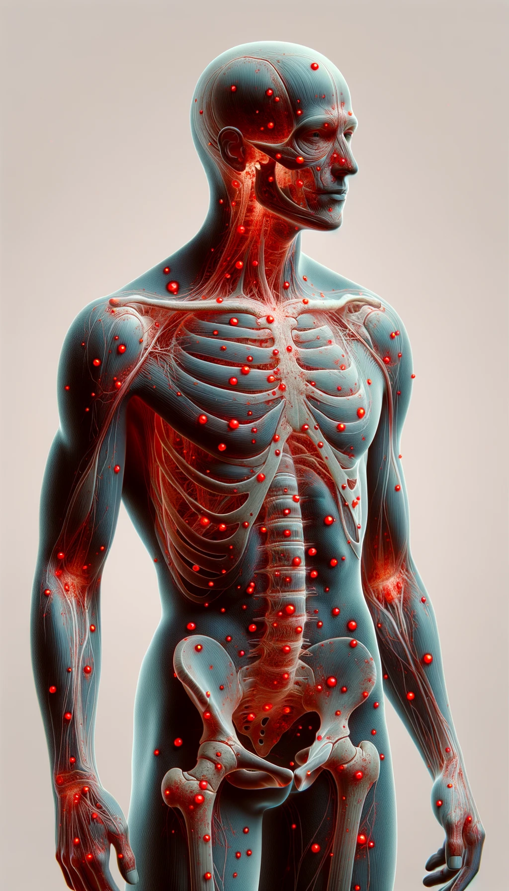 CORPO UMANO ANATOMICO CON RED SPOT DI INFIAMMAZIONE SPARSI SUL CORPO, SFONDO CHIARO, iperrealistico 4k emoji