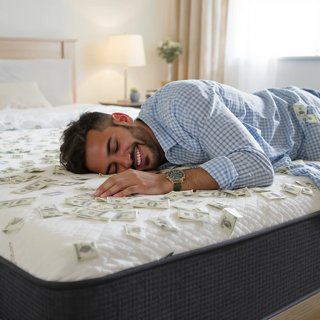 happy person napping on mattress of money emoji