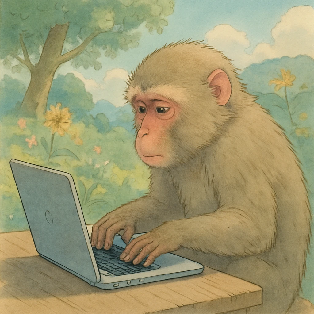 a realistic monkey typing on a laptop, ghibli style emoji