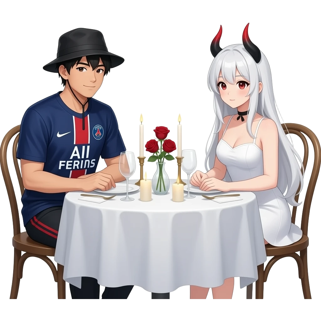 romantic date at a dinner table. The guy is asian an wears a black fishing hat and a dark blue soccer tricot from PSG. The girl is dressed as an anime girl with a white wig, white dress and black-red horns emoji