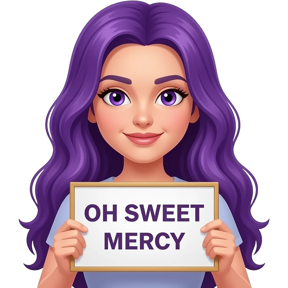 sexy girl with long purple hair and purple eyes holding a OH SWEET MERCY sign emoji