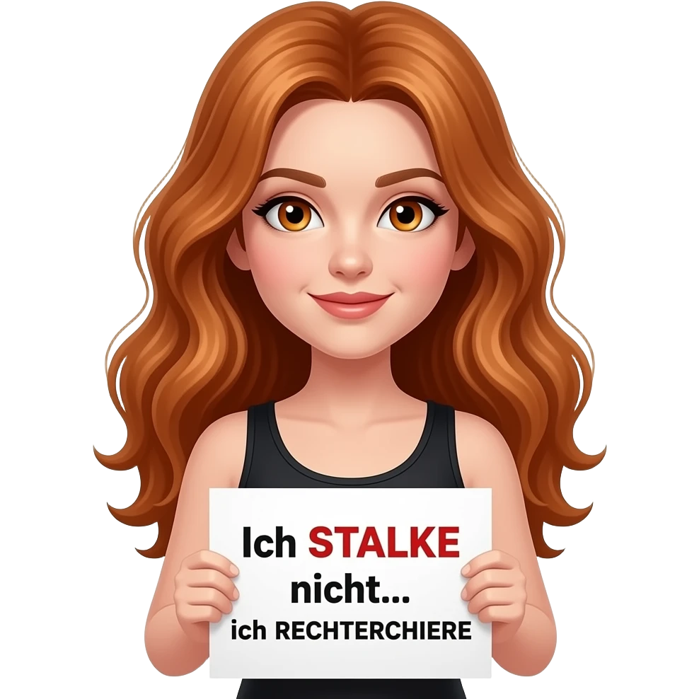 sexy girl with long wavy ginger hair and ginger eyes wearing a black tanktop is holding a white sign with Ich STALKE nicht... ich RECHERCHIERE written on it emoji
