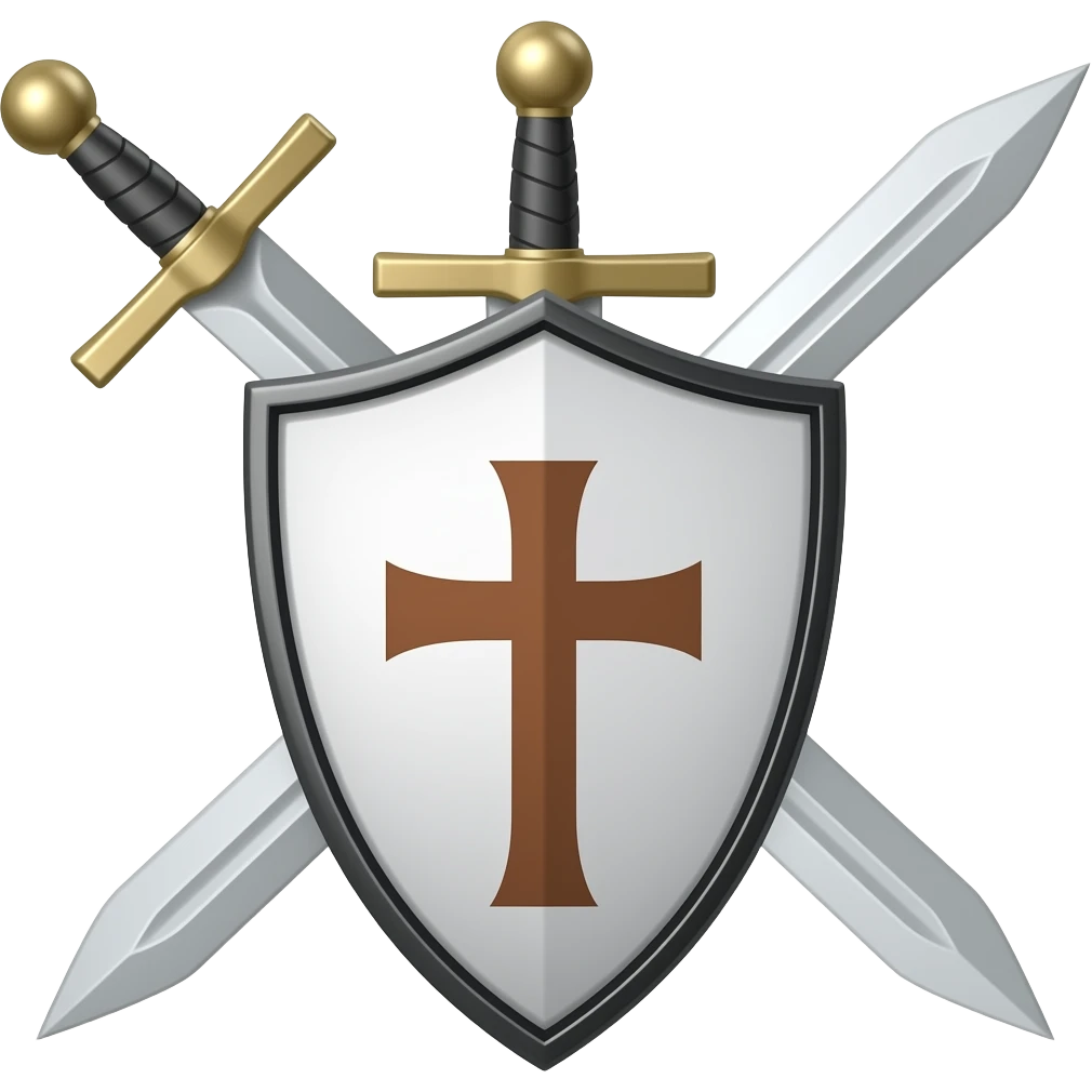 un escudo blanco con bordes negro y una cruz cafe y una espada de acero por detras del escudo en la mitad con un mango en forma de cruz y el mando este en la parte superio emoji
