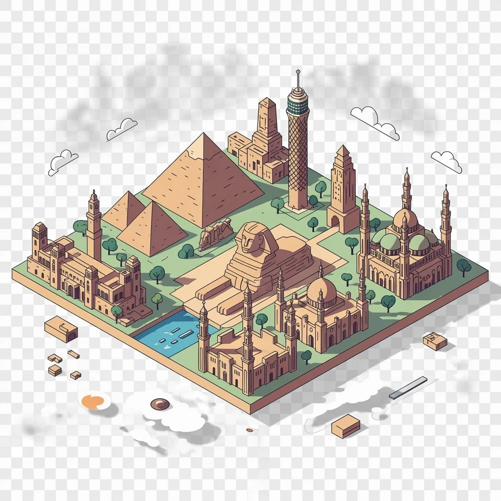 Isometric minimalistic illustration of Cairo, subtle 3D miniature effect and Tilt Shift effect, no cartoonish look, transparent background. emoji
