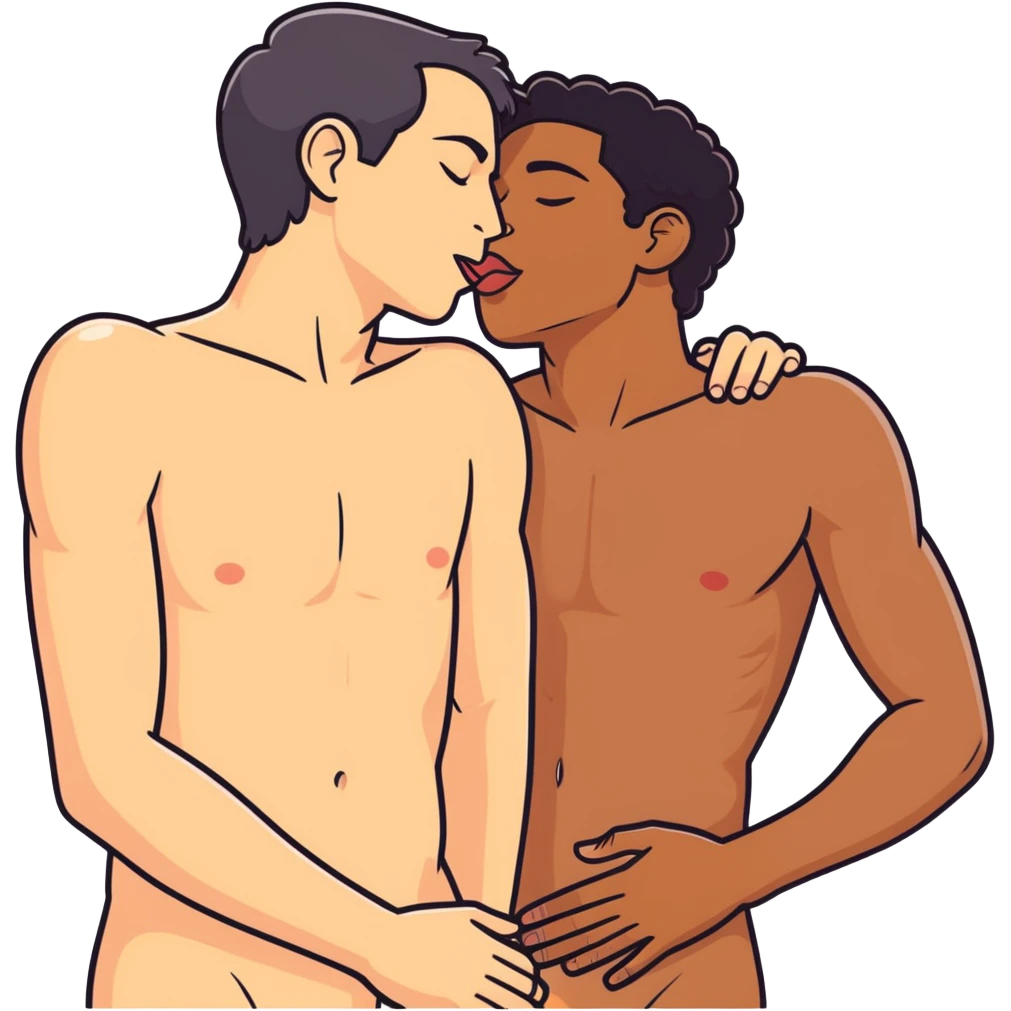 I398.67(((White adult male dark hair))) ,(((Dark skin  adult male))), naked, ((( sexual touching genitals))) , intercourse,spooning, kissing eyes closed tongue open mouth ,penis view, erotic rubbing body, hand job emoji
