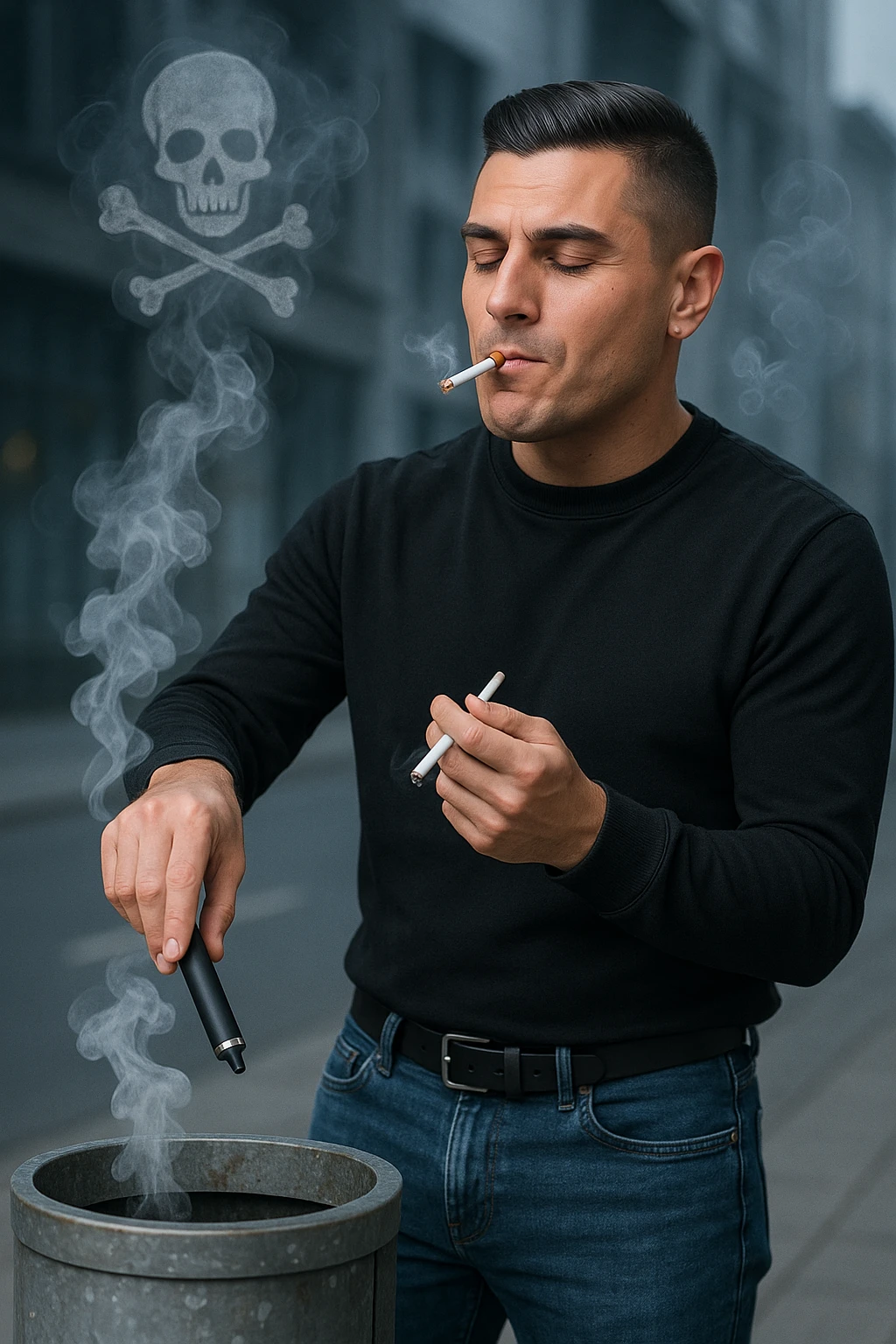 Adult man in casual clothes, inspired by the face in the reference photo, throwing an electronic cigarette into a trash bin while lighting a traditional cigarette with the other hand. Satisfied but unaware expression. In the background, light symbols of smoke and health damage manifesting from both cigarettes. Urban atmosphere, cold light, critical or reflective tone. Realistic style with symbolic accents. emoji