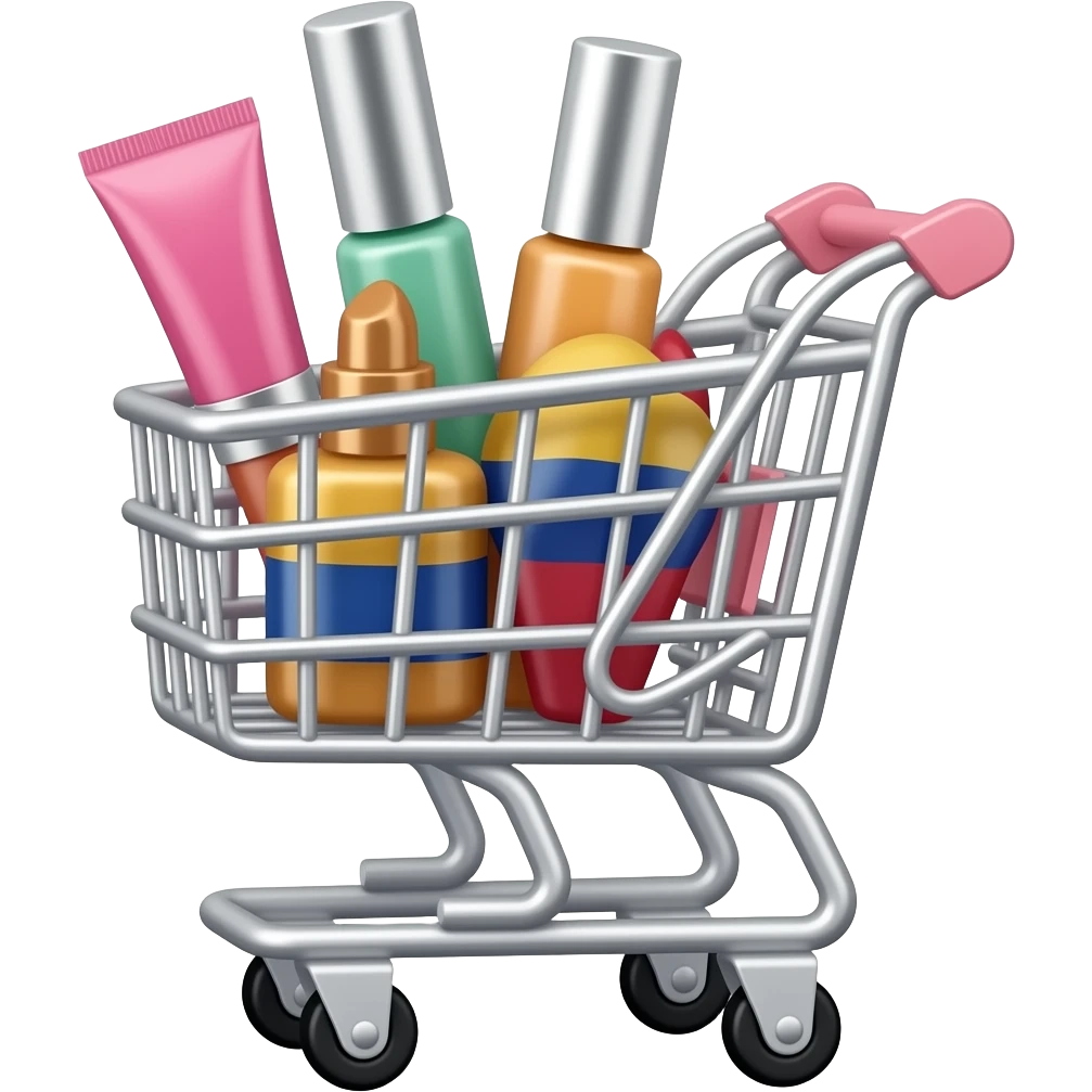 Carrito de compras rosado con productos de maquillaje de marcas colombianas como emoji