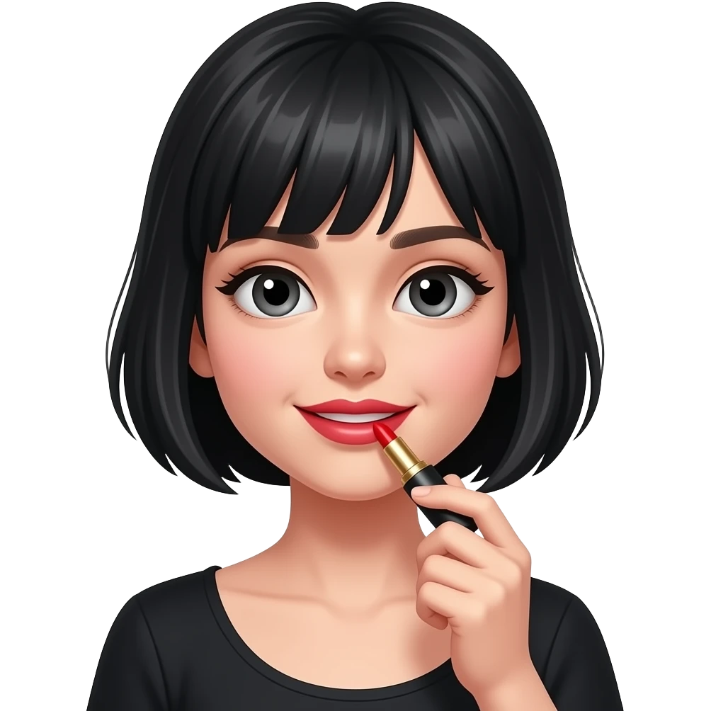 White girl with short black hair applying red lipstick, wearing a black top, iPhone emoji style emoji
