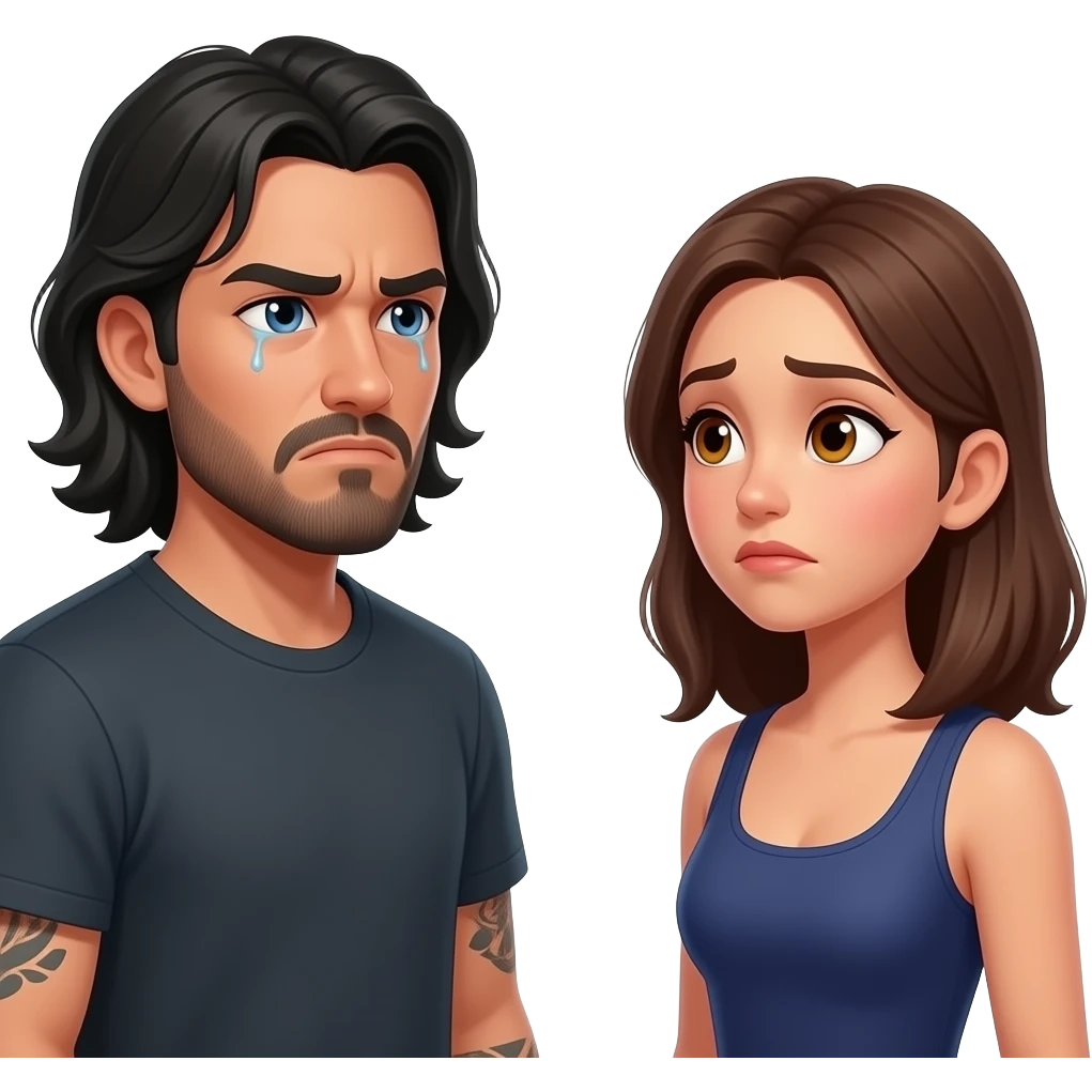 A really sad but angry Latino husband with medium length hair and beard and tattoos found out his wife was cheating on him with a bald, red bearded guy, and his wife is beautiful with hazel eyes and shoulder length brown hair and their relationship is broken emoji
