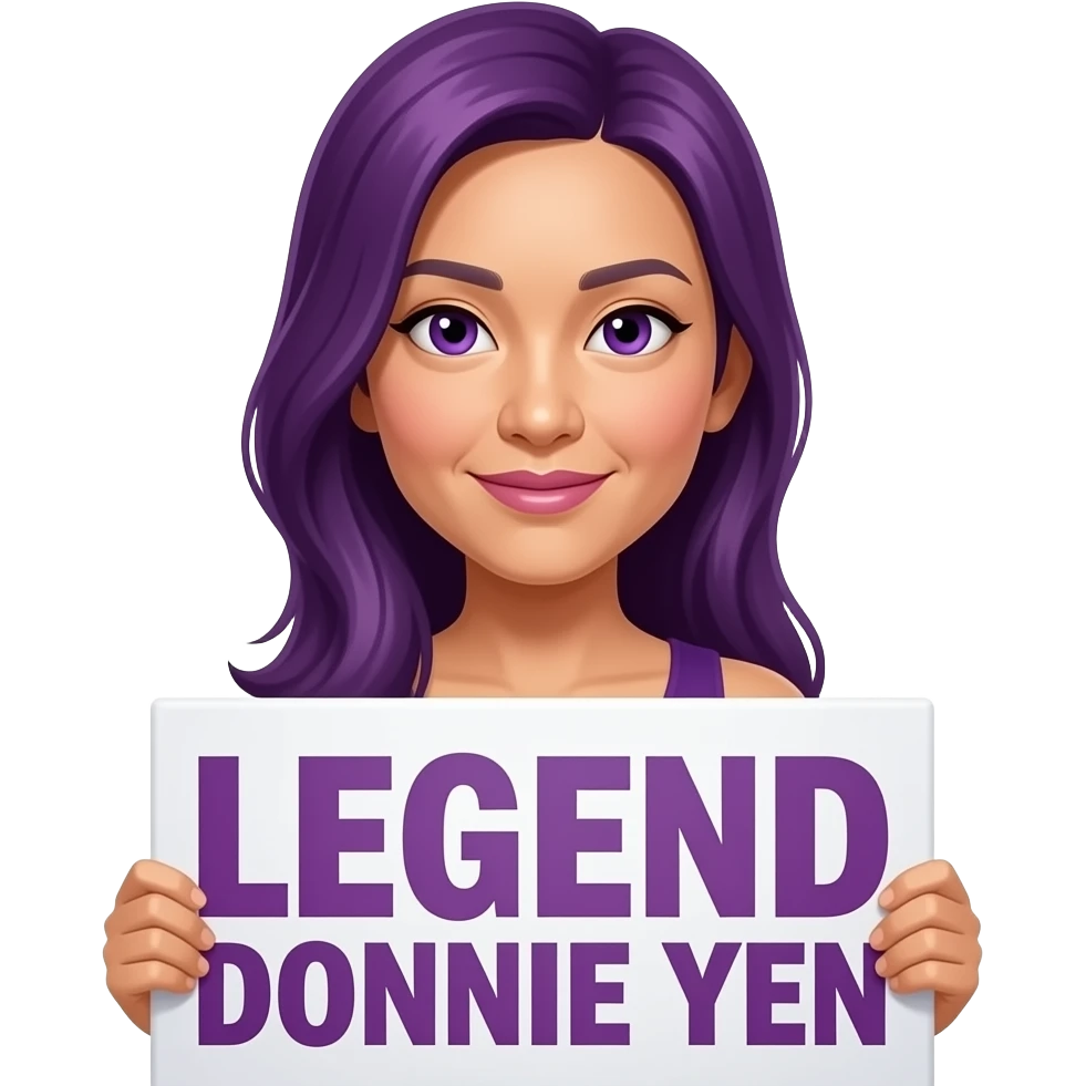 sexy girl with long purple hair and purple eyes holding a LEGEND DONNIE YEN sign emoji