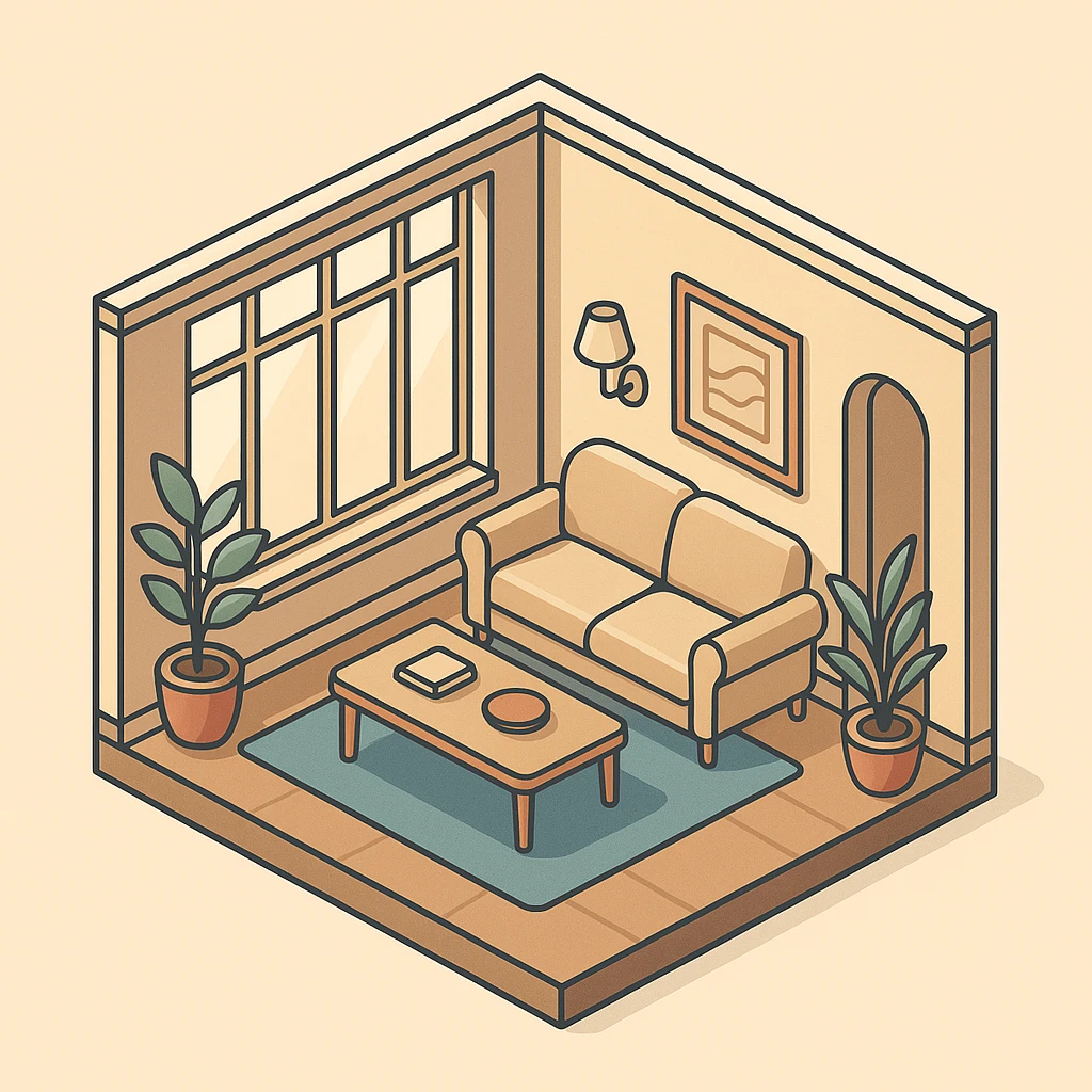 apartment interior isometric, luxury style, large windows, elegant decor emoji