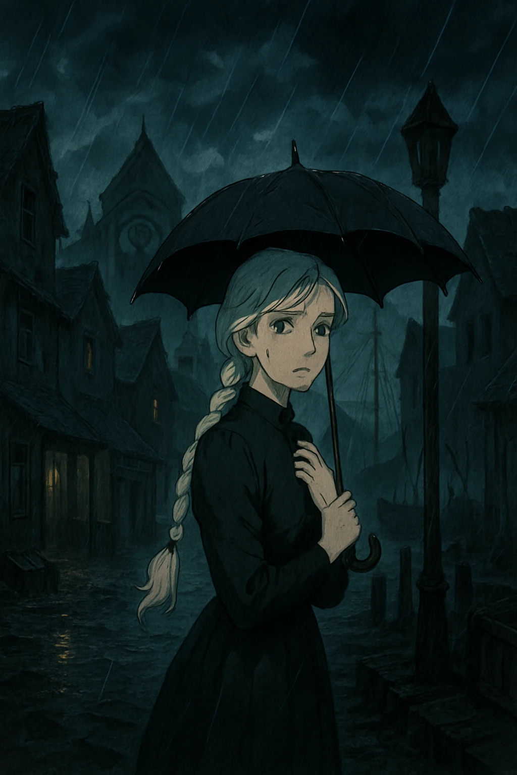 A dark port town, poverty, abandoned stormy, horror novel, innsmouth, cult of Dagon, there is 1 female with a long white braid and traditional 1930's dress clothes, dark dress, shielding herself from the rain emoji