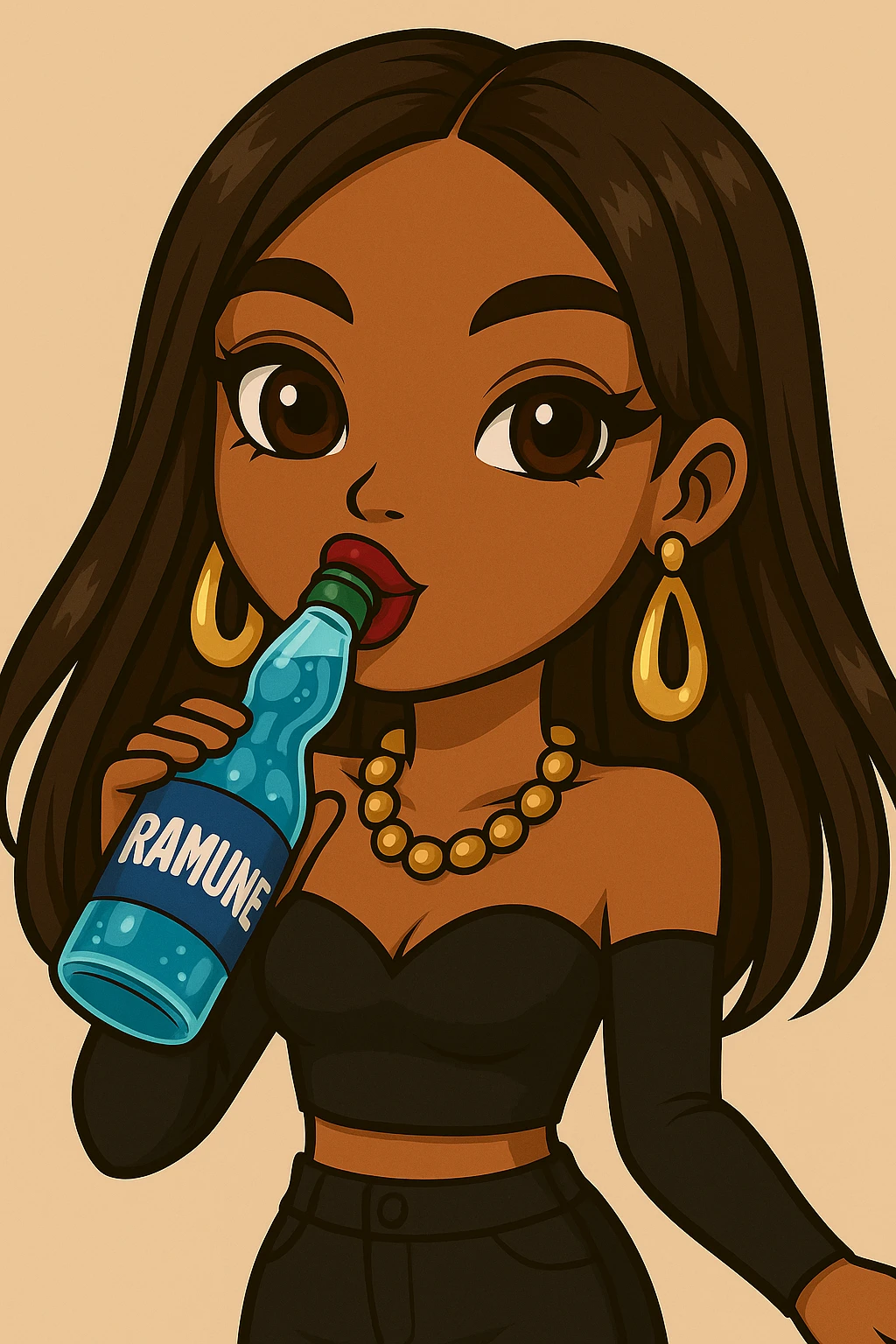 Change her pose to drinking blue Ramune soda from the classic glass bottle, headshot only, 20-year-old anime Bratz style woman with dark skin, straight hair, trendy outfit, big expressive eyes, glossy lips, no hat, no tears, happy expression, both eyes open, looking straight ahead. emoji