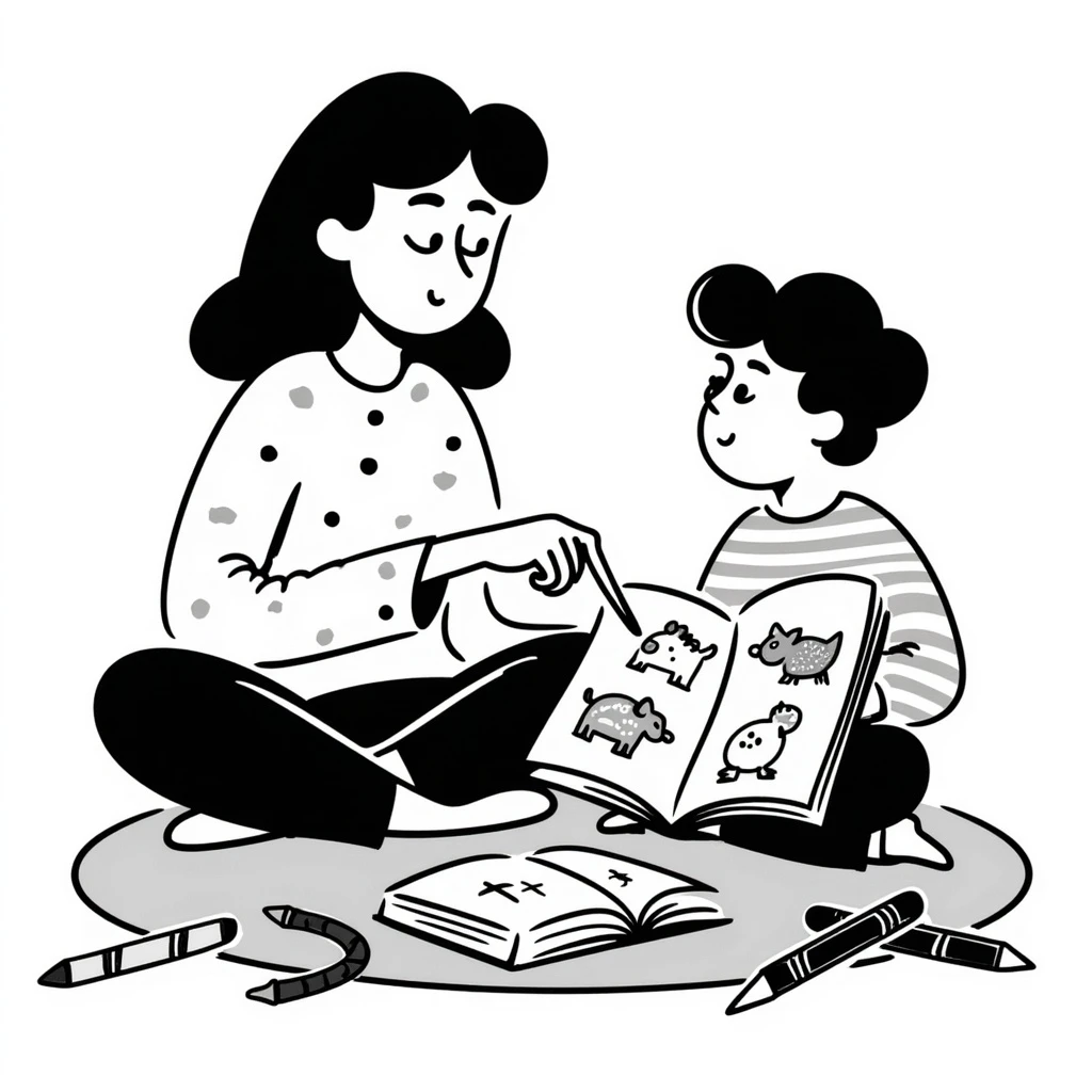 educator or speech therapist with child, who helps child with lessons emoji