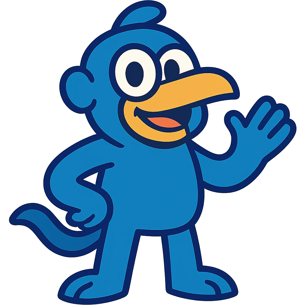 cartoon blue kopik, smiling, simple pose emoji