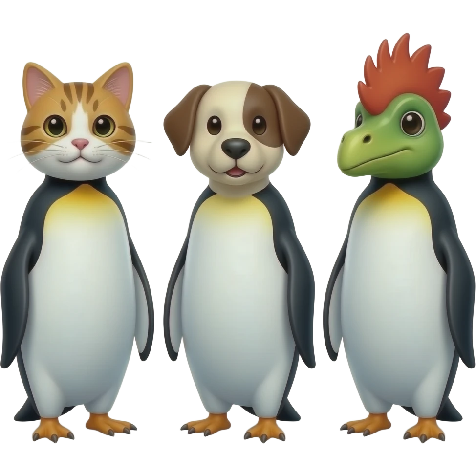 Penguin Animal wrong heads: cat & dog & dinosaur & cockosaur emoji