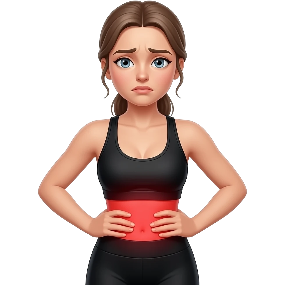breathing discomfort, full red glow covering chest, woman with hands on ribs, fair-skinned woman, gray-blue eyes, ash brown brows, ash light brown hair tied back, slim athletic body, black workout set emoji