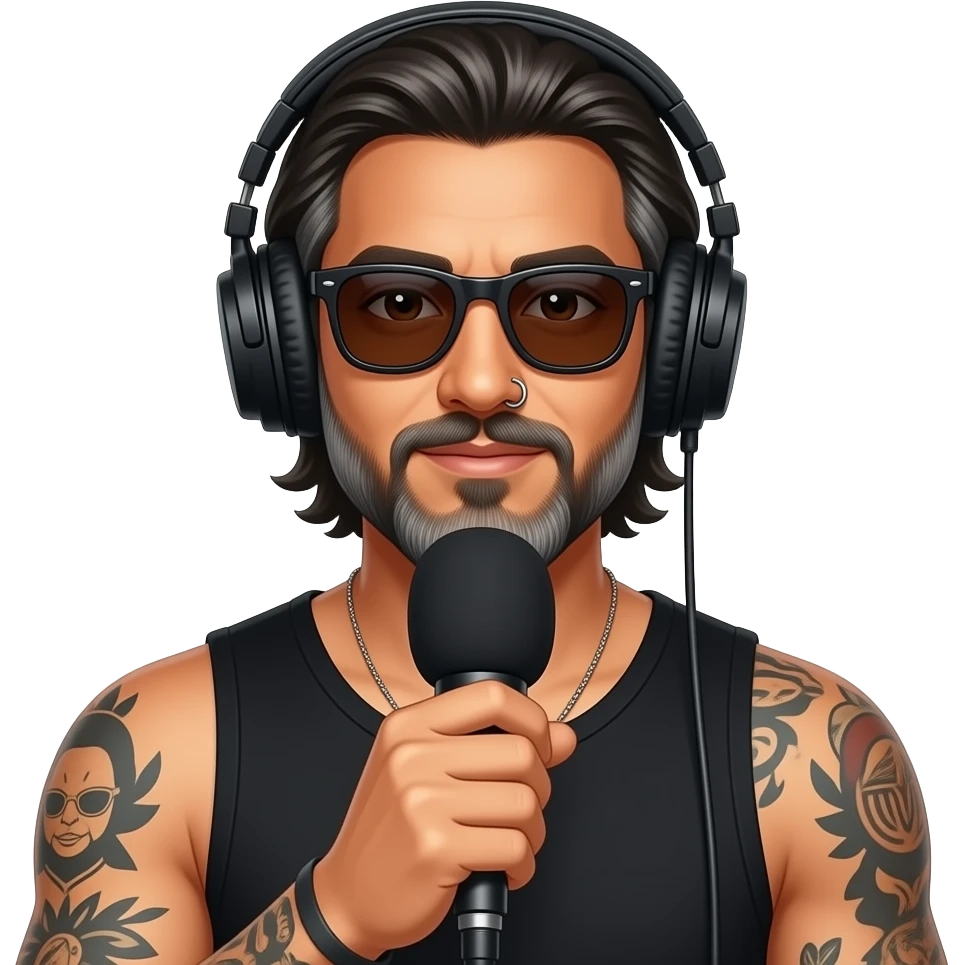 The handsome manly Latino podcast host with medium length hair, a long  slightly graying beard and tattoos with his ears pierced and a nose ring on the right side, dark brown eyes, dark sunglasses, headphones, recording an episode emoji