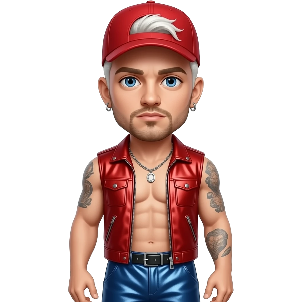 Fred Durst with white-blonde buzz cut hair, blue eyes, red cap, red metallic vest, indigo metallic baggy loose pants, shirtless with necklace and earrings emoji