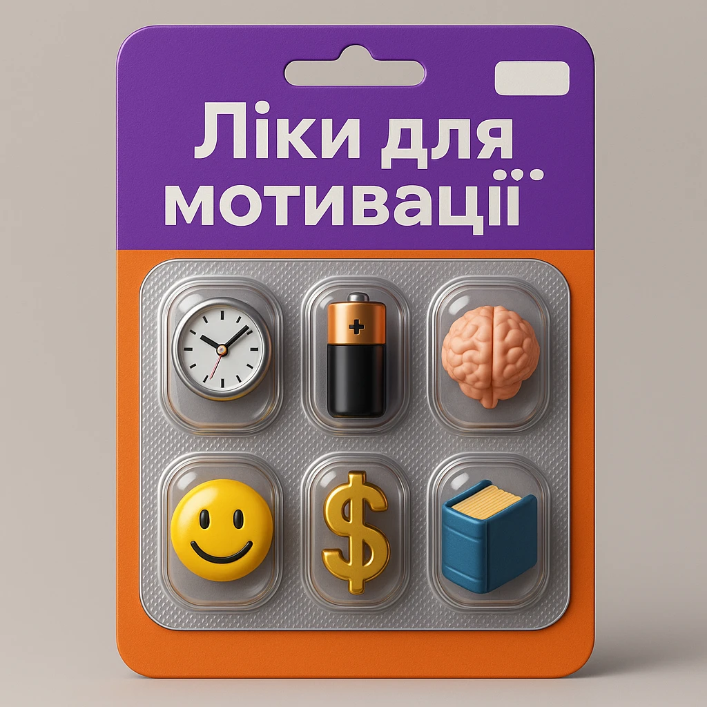 Create an ironic 3D illustration of blister pack tablets in the style of a pharmacy product, but with a satirical twist.
Instead of regular capsules, there should be miniature symbolic objects inside that represent a ‘cure’ for a specific modern problem, condition, or desire.
Title: "Ліки для мотивації". emoji