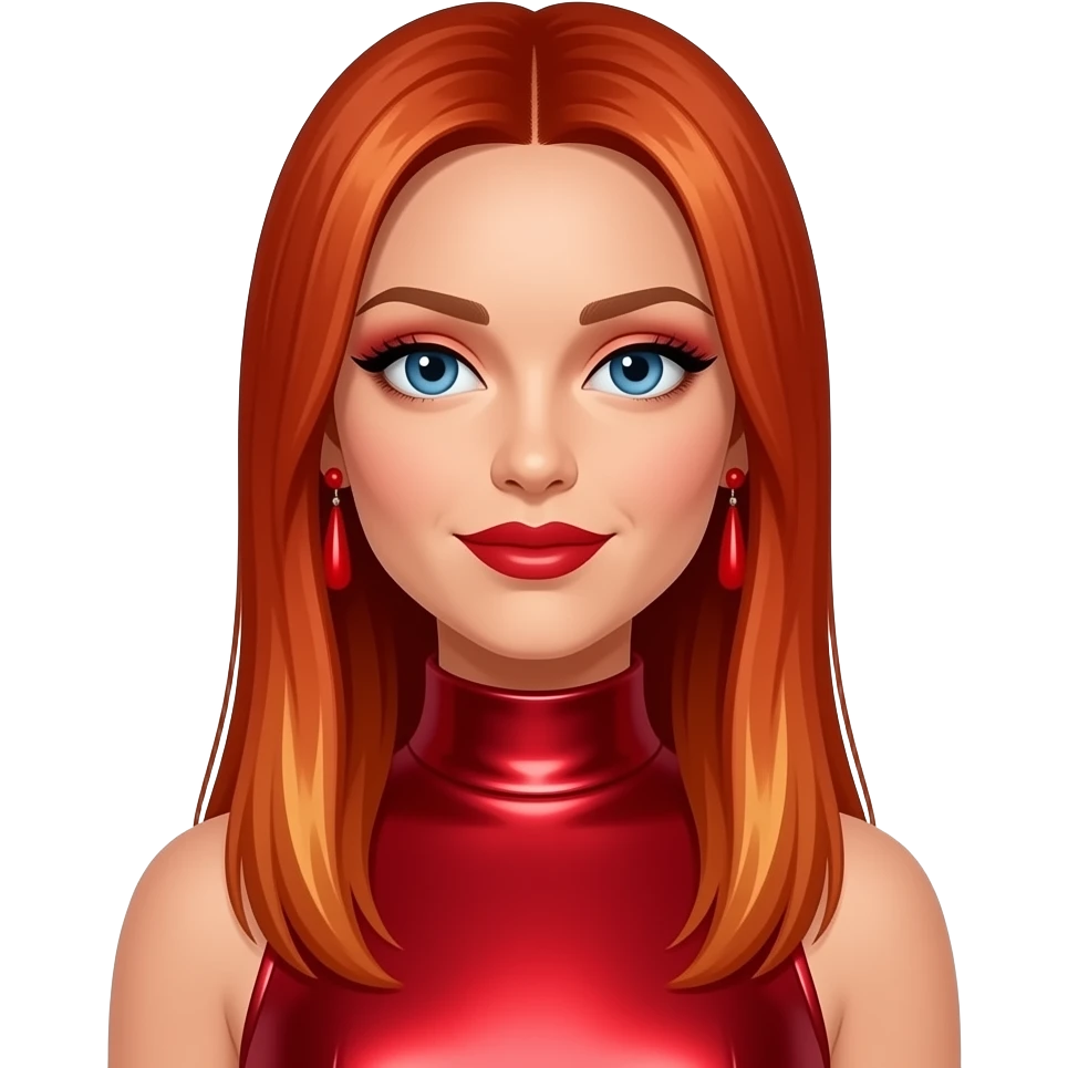 Geri Halliwell from Spice Girls with blue eyes, long straight fiery red hair with blonde highlights, red eyeshadow, red lipstick, red metallic high neck dress, red earrings emoji