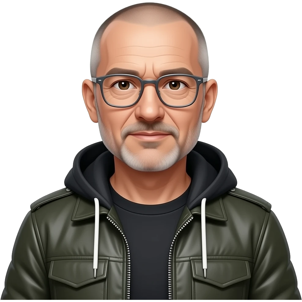 almost bald shaved short hair full-length photo of extreme streetwear clean-shaven face cool boy thin metal-framed glasses ery entellectual man, 65 years old, street wear stubble, shaved short with clippers emoji