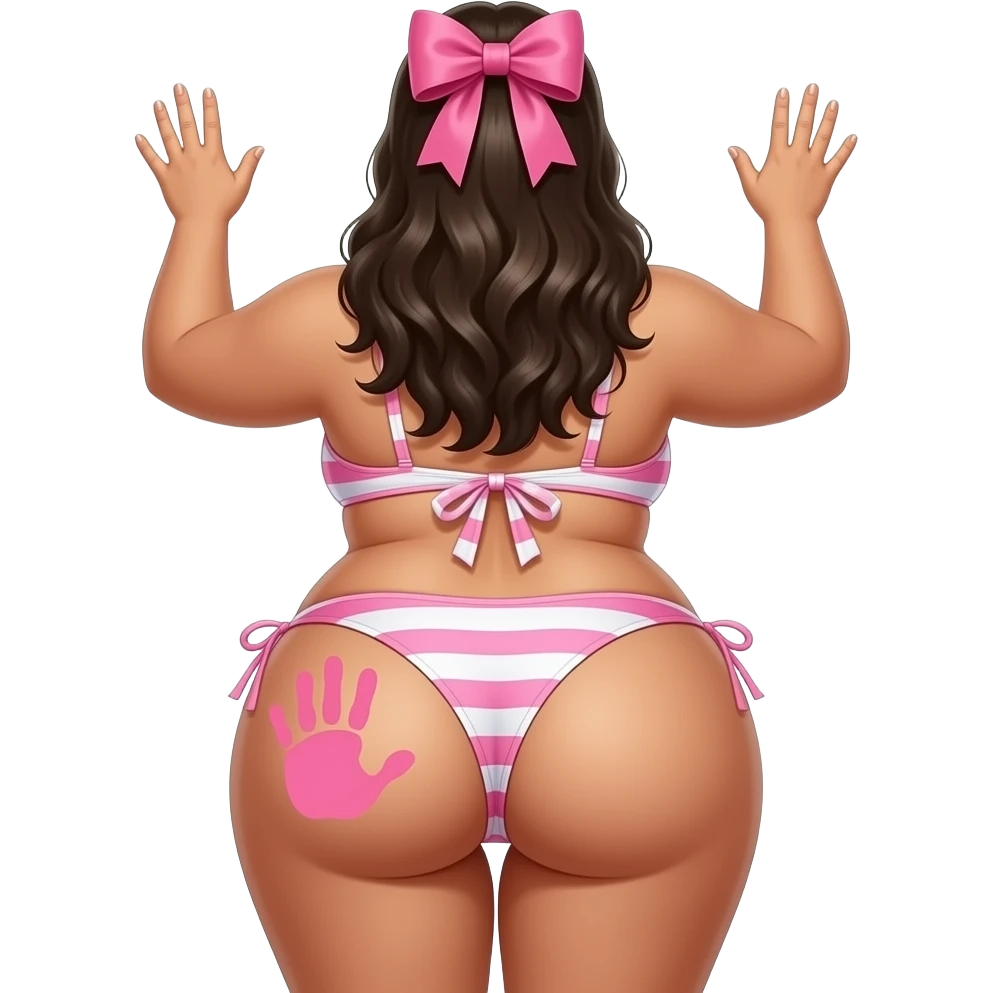 A tanned really extremely fat pink and white big booty latina showing back its bikini and big thighs and buttocks while putting her hands behind the wall and she has a  peachy hand print on her left buttocks and she with a pink bow tie on her head emoji