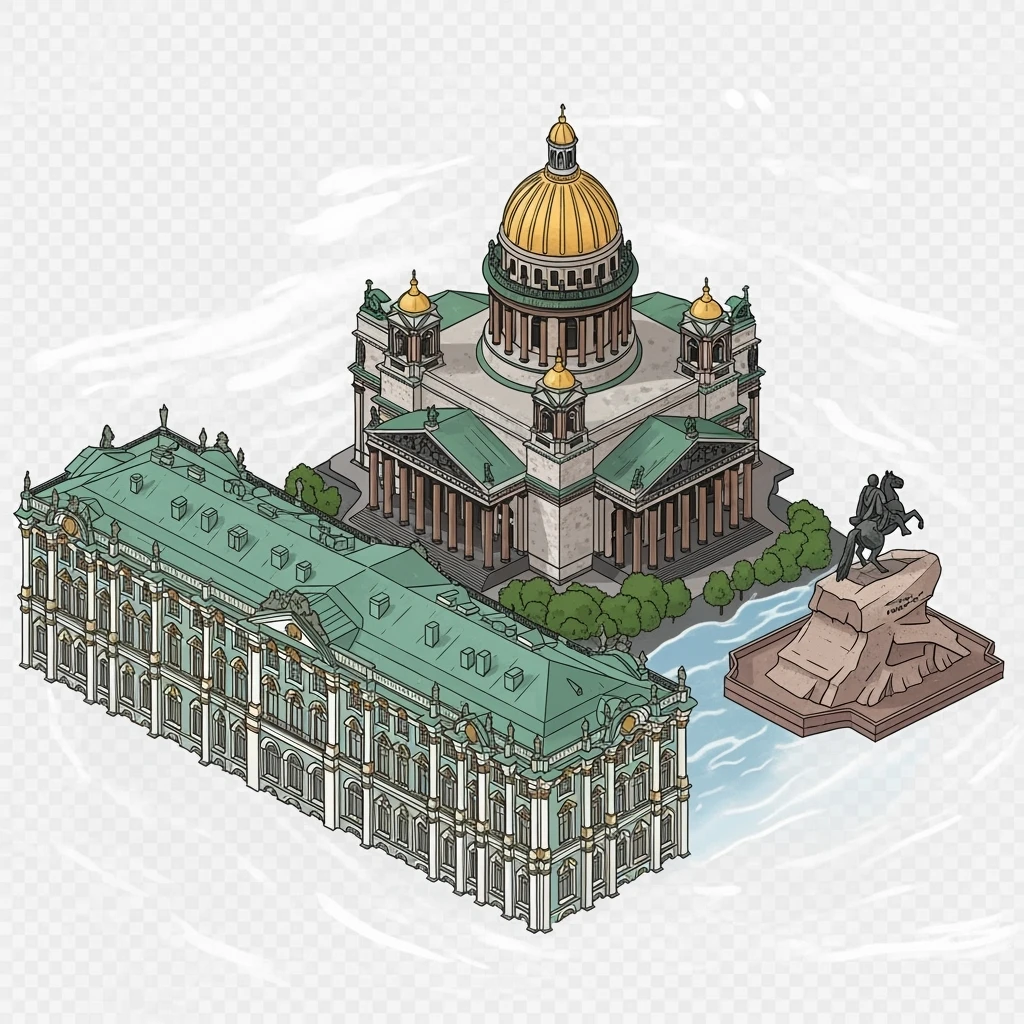 Isometric photorealistic illustration of Saint Petersburg - Saint Isaac’s Cathedral, the Winter Palace, and the Bronze Horseman statue. Miniature, slightly hand-drawn style, balanced between stylized and realistic, transparent background. emoji