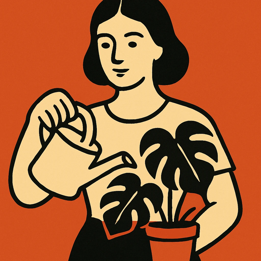 woman watering her monstera plant emoji