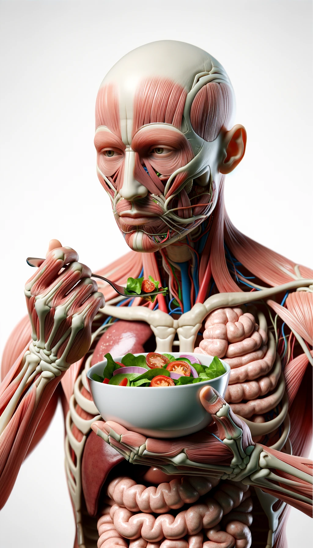 corpo umano anatomico con intestino in evidenza mentre mangia un'insalata con espressione neutra in volto, iperrealistico 4k, isolato su sfondo bianco emoji