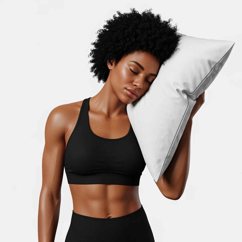 DONNA FITNESS IN PIEDI CON CUSCINO DIETRO LA TESTA MENTRE PROVA A DORMIRE, IPERREALISTICA 4K, SENZA SFONDO emoji