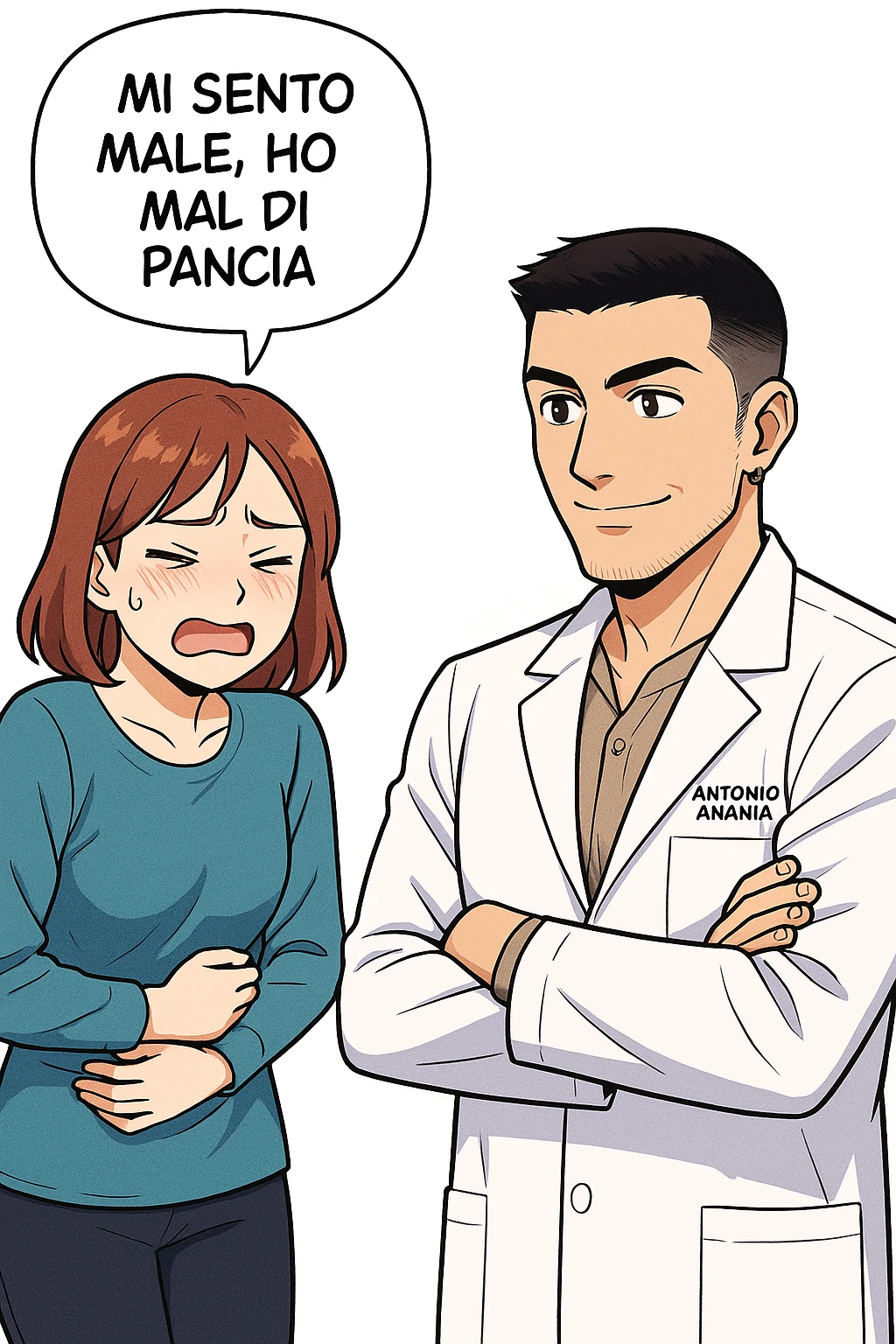 su questo stile fai un manga/webtoon a colori in cui una donna si lamenta che sta male e ha mal di pancia, l'uomo della foto in stile manga gli risponde, ISOLATO SU SFONDO BIANCO emoji