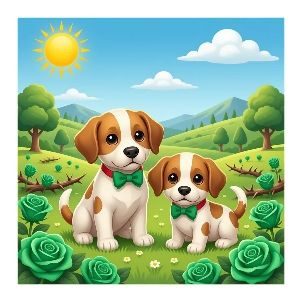 Puppies with emerald green roses and valley of thorns emoji