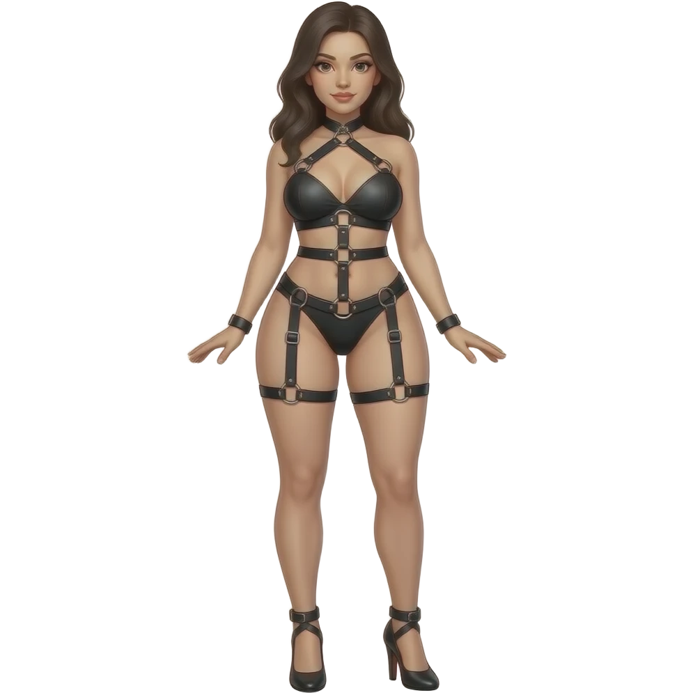 Naked woman in bdsm body harness, high heels, average breasts, big butt emoji