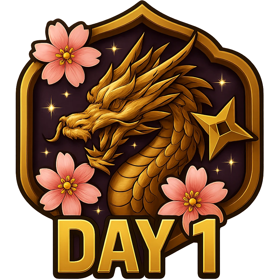 Keep the design as close as possible to the previous image with a rich purple background, Japanese crest shape, realistic gold dragon, sakura flowers, ninja star, and sparkly effects. Make the gold accents and dragon even brighter and more vibrant. Include the text 'DAY 1' in bold, easy-to-read anime-style font below the dragon. The background should be transparent. The image should be sized for Twitch or Discord use. emoji