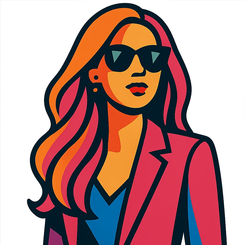 a beautiful woman with long hair and black shades, confident expression, fashion illustration, vibrant toon style emoji