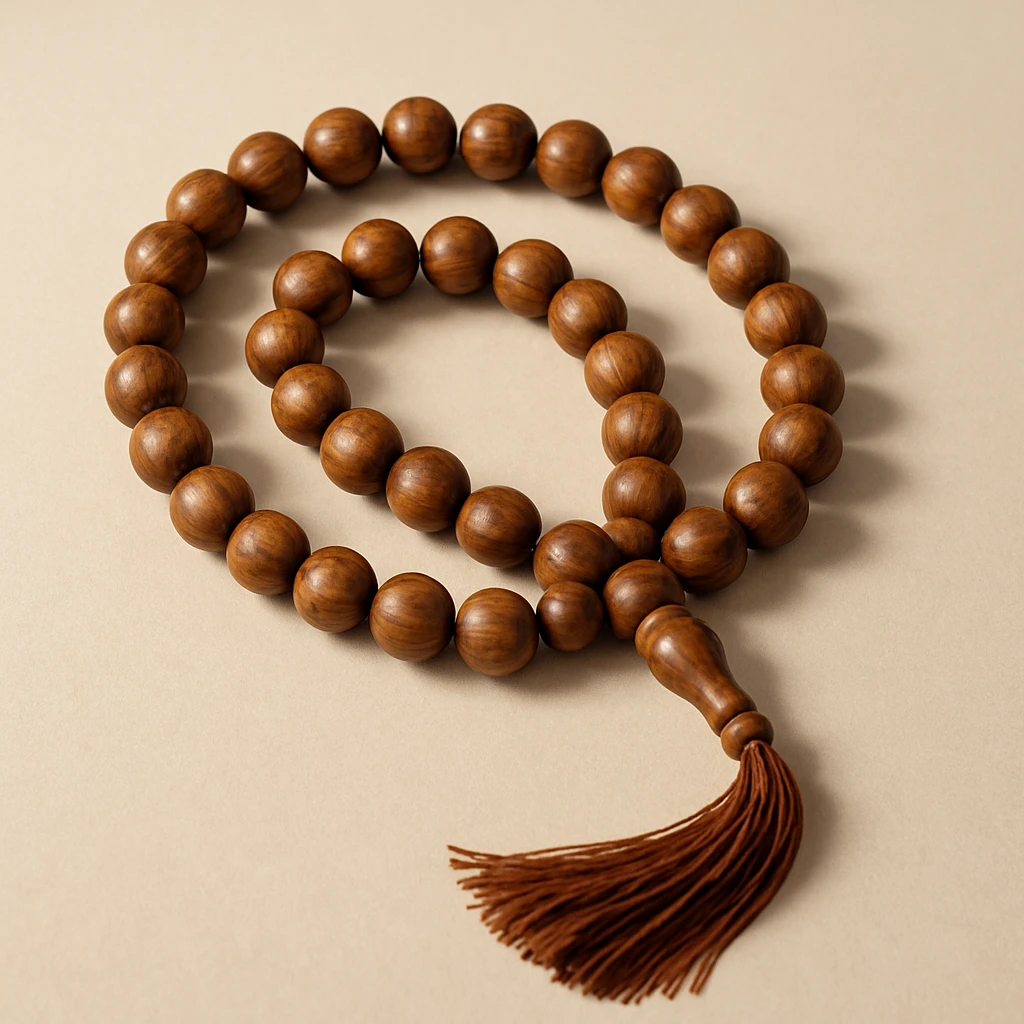 prayer beads, elegant, wooden texture, looped with a tassel, soft shadow emoji