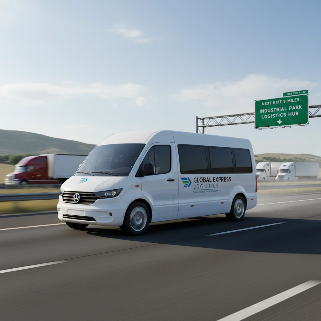 white modern cargo minibus for delivering small cargo. logistics service. car driving on the highway emoji