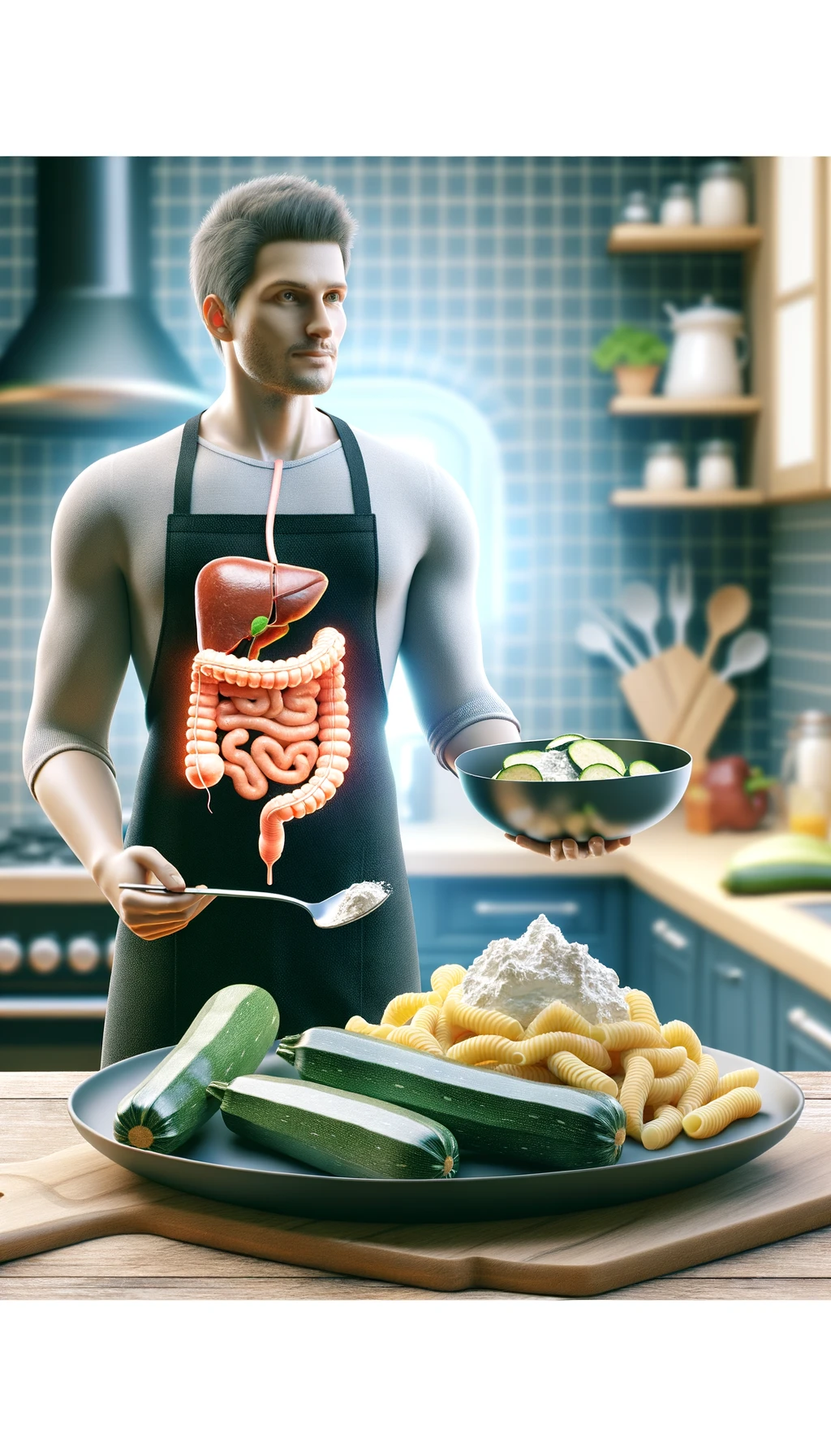 corpo umano con capelli corti con grembiule nero che cucina una ricetta con zucchine, gnocchi e ricotta, intestino realistico in evidenza, cucina sfocata sullo sfondo emoji
