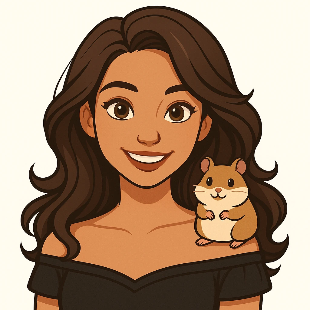 Add a cute hamster sitting on her shoulder, keeping the modern, clean, warm style and the original background. emoji