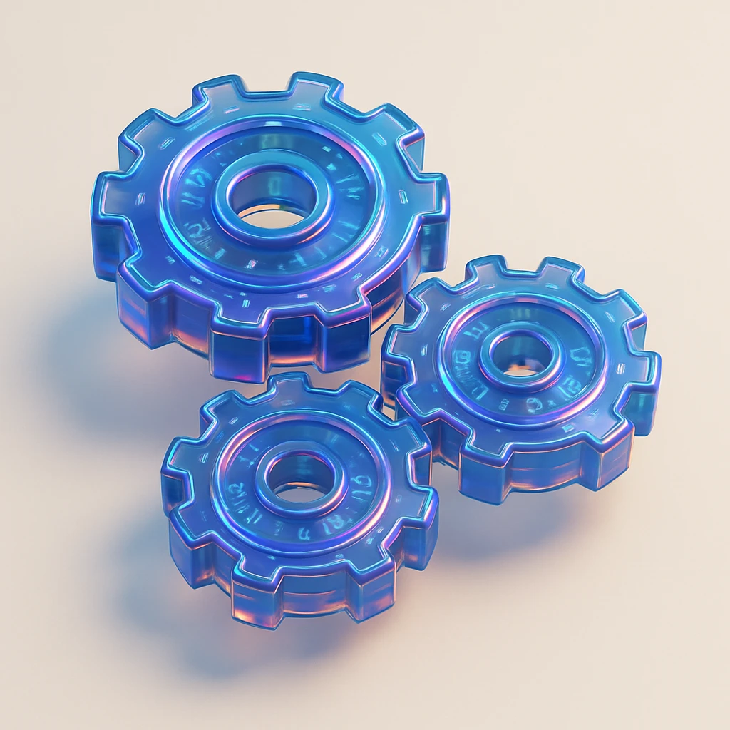 set of three round gears, shiny metallic, glossy circuit style design, high-tech, vibrant, intricate reflections emoji