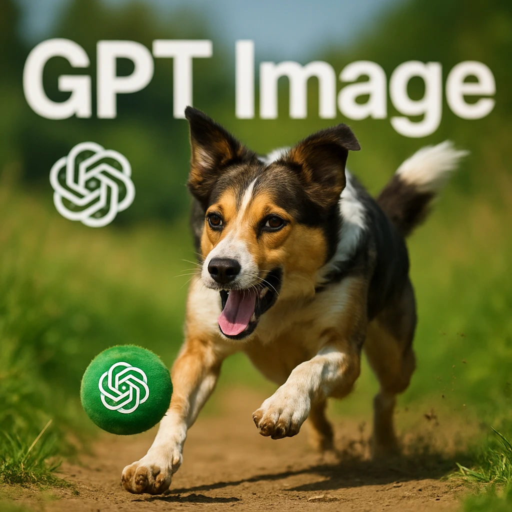logo of chat gpt with text "GPT Image" on the background of a dog chasing ball, realistic image emoji
